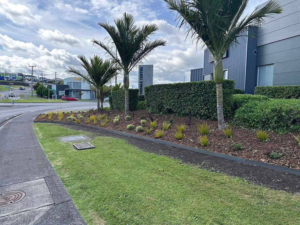 Wooden deck overlooking a lush, planted backyard.